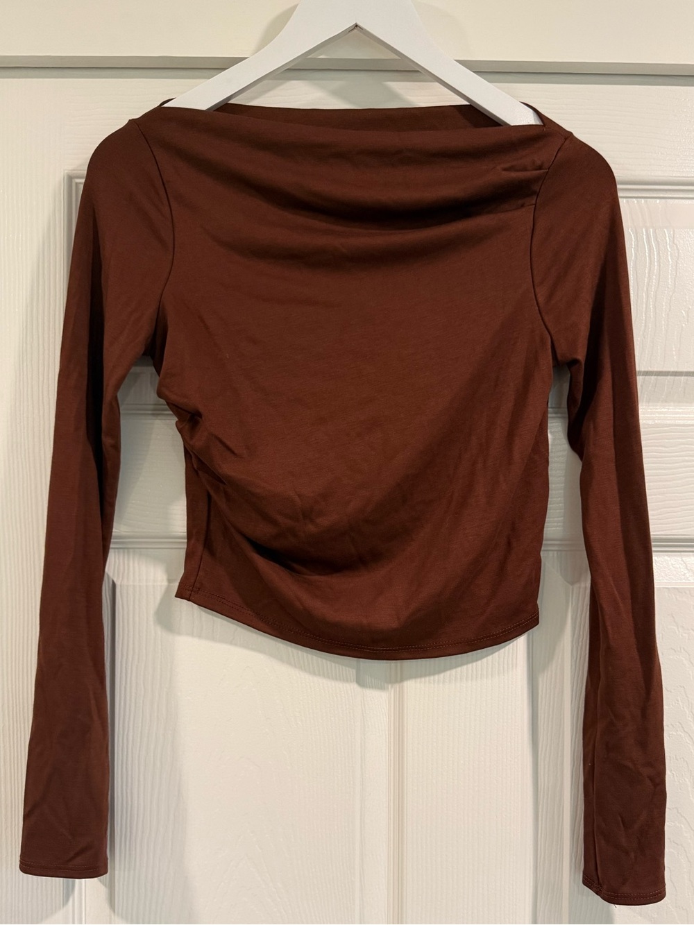 Altr’d State Chocolate Brown Off the Shoulder Side Cinched Long Bell Sleeve Top
